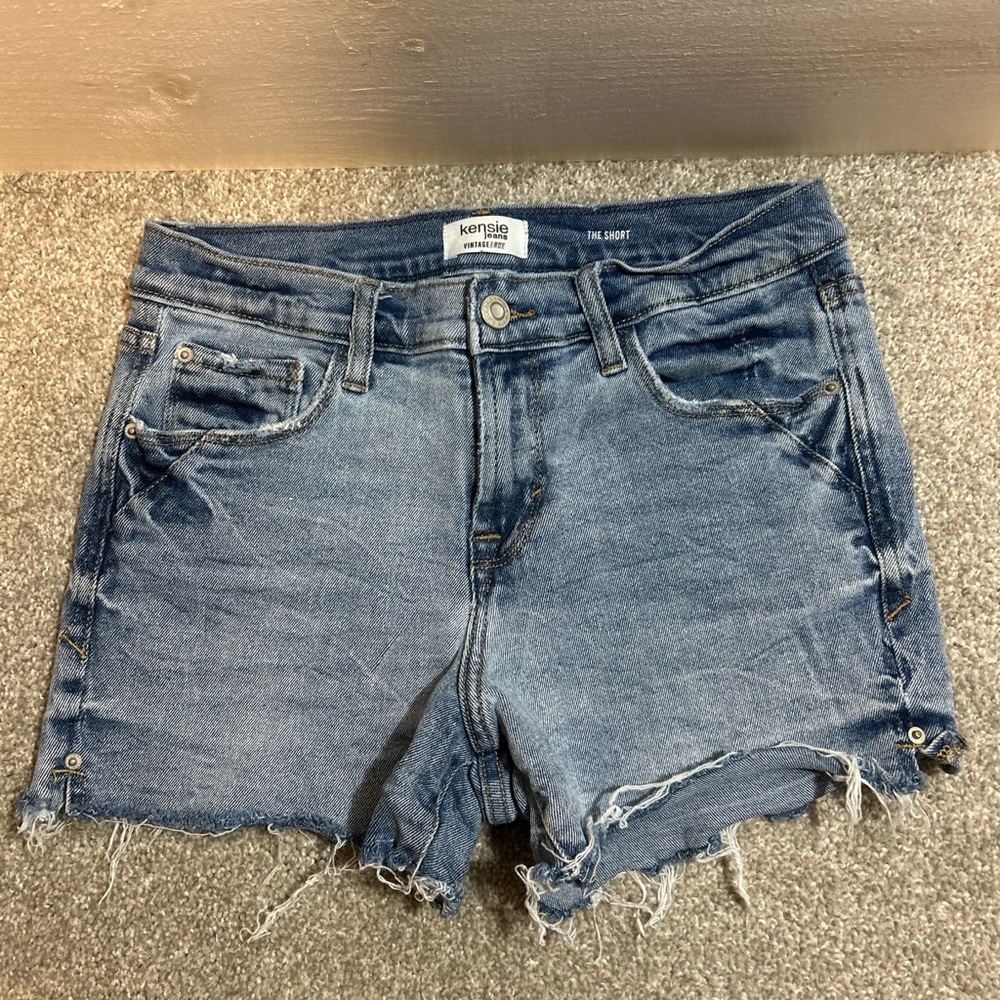 Kensie Distressed Mid-Blue Denim Cutoff Shorts
